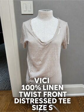 VICI 100% Linen Distressed Raw Edge Twist Front V-Neck Tee Top Beige Small